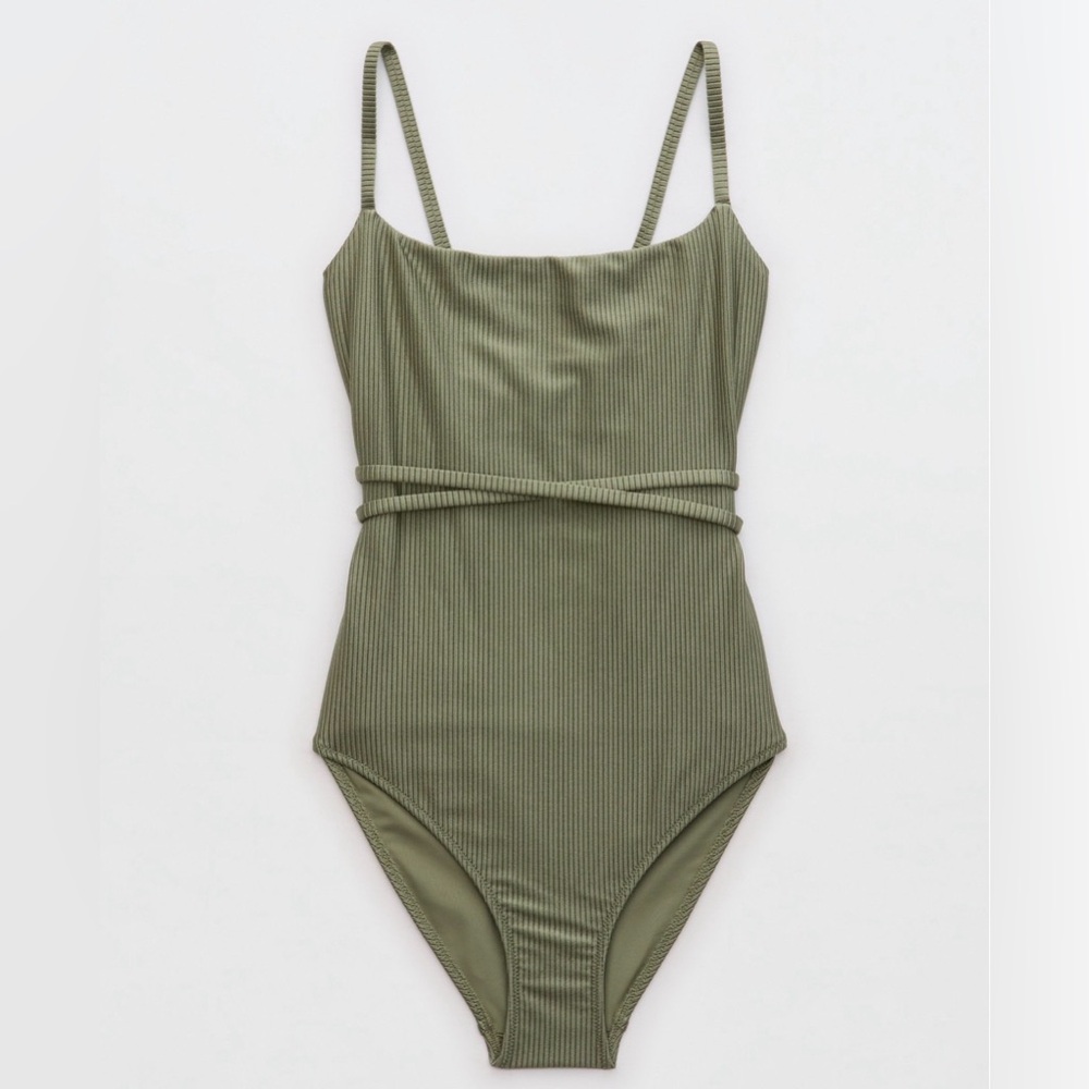 Aerie Olive Ribbed One-Piece Swimsuit